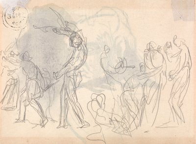 Hommes allant se battre, avec une foule de femmes en train de se recroqueviller derrière eux - George Romney