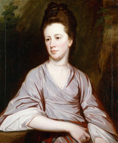 Portrait de Mlle Joan Knatchbull, assise à mi-longueur portant une robe mauve et un collier de perles - George Romney