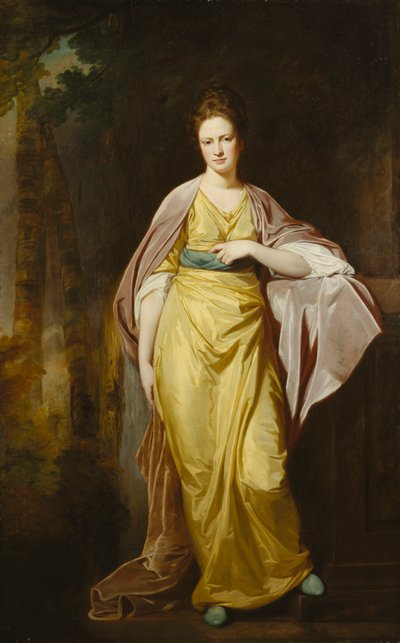Portrait de Mme Ellen Morewood, debout en pied, en robe jaune, ceinture bleue et châle mauve, appuyée sur un piédestal - George Romney