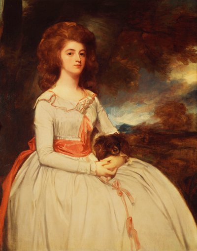 Portrait de Mme Moody, deuxième épouse de Samuel Moody, assise en robe blanche ornée de nœuds roses et d