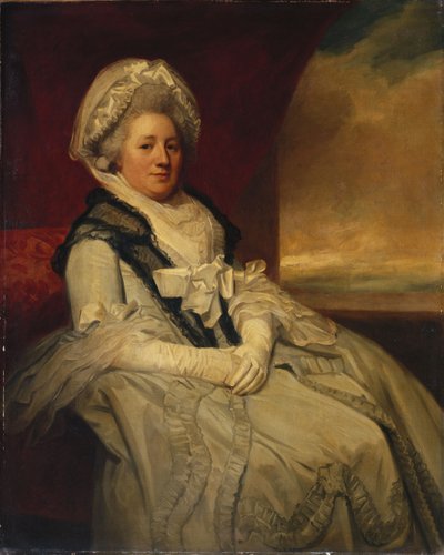 Portrait de Mme Uppleby, assise trois-quarts, portant une robe blanche et un bonnet avec un châle noir - George Romney