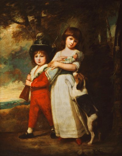 Portrait des enfants Vernon, la petite fille debout en longueur totale en robe blanche nouée d