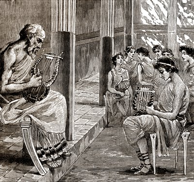 Une école dans la Grèce antique : le maître apprend aux élèves à jouer de la lyre - George Roux
