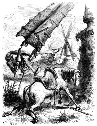 Bataille contre les moulins : Don Quichotte et Rossinante sont projetés au sol par l