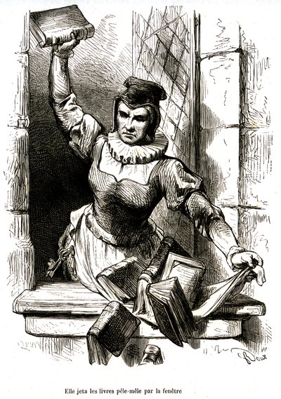 La gouvernante de Don Quichotte jette par la fenêtre les livres de sa bibliothèque. - George Roux