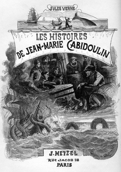Frontispice du roman de Jules Verne « Les histoires de Jean-Marie Cabidoulin » (1901), Collection Hetzel/Extraordinaires, illustration de George Roux. Evocation de scènes maritimes : harponnage d