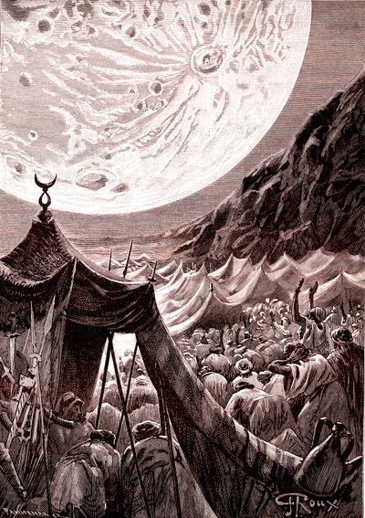 La lune dans le désert de Nubie, Soudan. Musulmans priant. 1888 (gravure) - George Roux