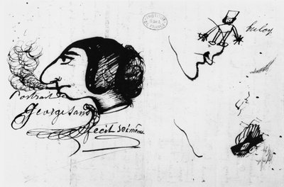 George Sand fumant (1804-76) caricaturée par elle-même - George Sand