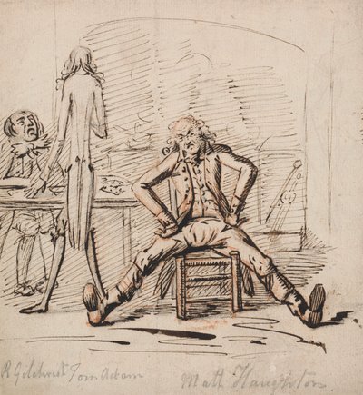 Trois hommes dans une pièce : Gilchrist assis à une table, Tom Adam debout, vu de dos, et Matt Haughton assis jambes écartées et bras akimbo devant un feu - George Shepheard