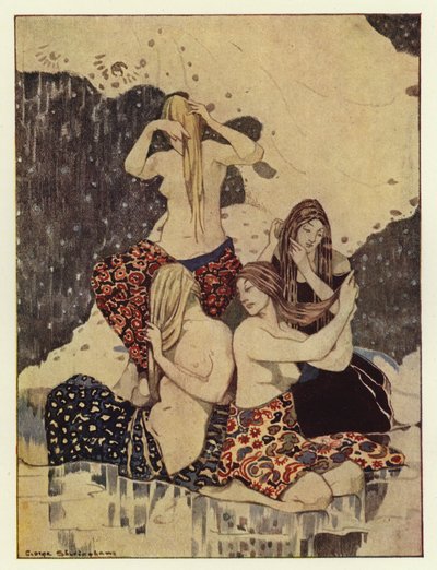 Il vit quatre belles jeunes filles assises sur la glace en train de tresser leurs cheveux - George Sheringham