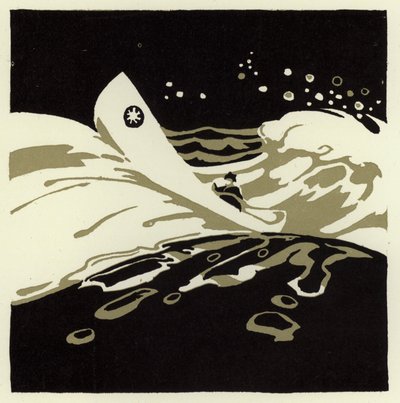 Le petit homme affronte la tempête dans le lourd canoë de Glooskap - George Sheringham