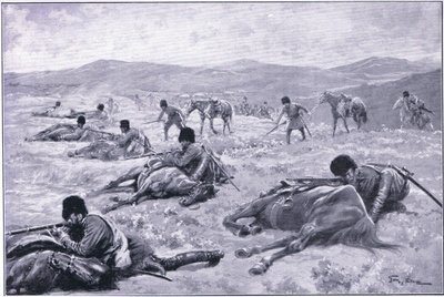 Un cosaque et son cheval : un dispositif pour se couvrir pendant une escarmouche, illustration de Cassells History of the Russo-Japanese War Vol 1, vers 1900 - George Soper