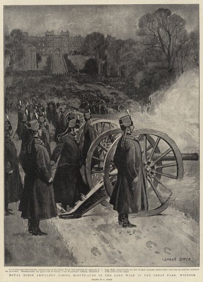 Artillerie royale à cheval tirant des coups de canon minute dans la Long Walk dans le Grand Parc, Windsor - George Soper