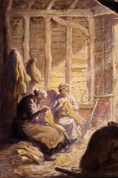 Coudre des sacs dans la grange - George Soper
