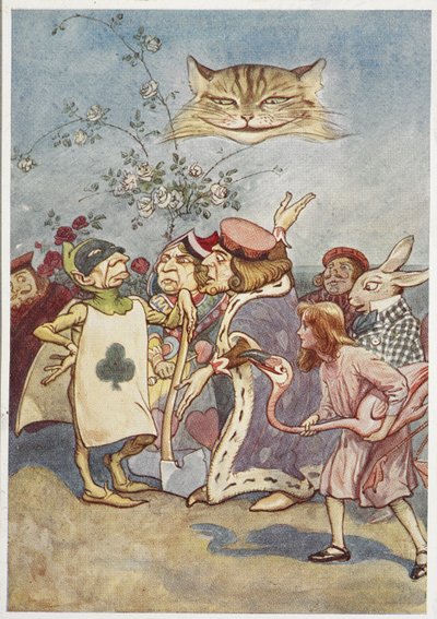 Le chat du Cheshire regardant Alice et le bourreau carte à jouer, avec d