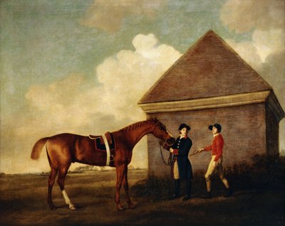 "Eclipse", un Cheval de Course Alezan Foncé tenu par un Palefrenier, avec un Jockey, Peut-être Jack Oakley, près de la Maison de Frottement à Newmarket, 1770 - George Stubbs
