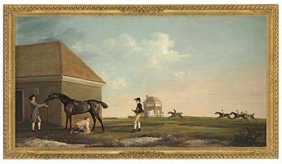 Gimcrack sur Newmarket Heath avec un entraîneur, un jockey et un garçon d