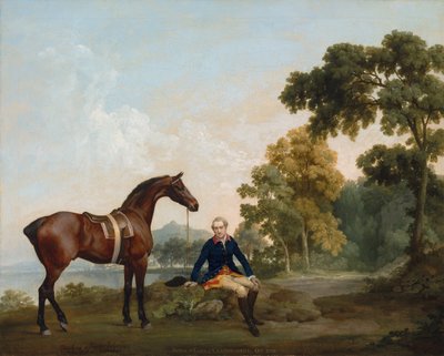 James Hamilton, 2e comte de Clanbrassil (1730-1798), avec son chasseur bai Mowbray, se reposant sur un chemin boisé près d