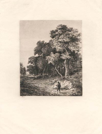Paysage, homme portant un bâton sur l