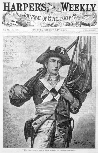 Soldat minuteman ou continental de 76 tenant un drapeau et un mousquet, couverture de 