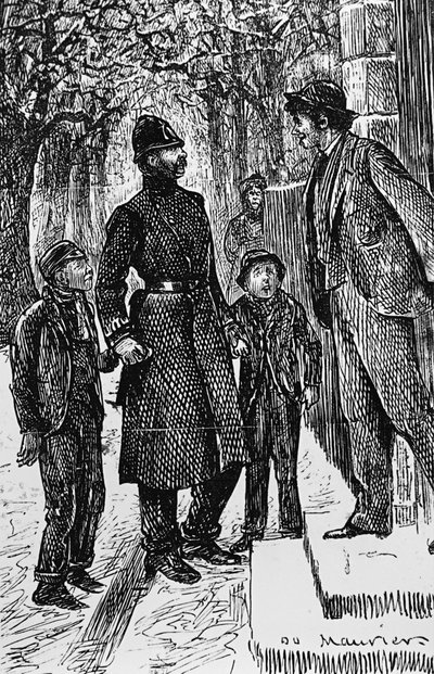 Un policier londonien présentant deux gamins des rues au gentleman devant la porte duquel ils ont fait une glissade sur la glace - George du Maurier