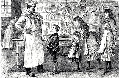 Un dessin animé représentant un chef prenant des commandes des enfants de la maison. Illustré par George du Maurier (1834-1896), un caricaturiste et auteur franco-britannique - George du Maurier