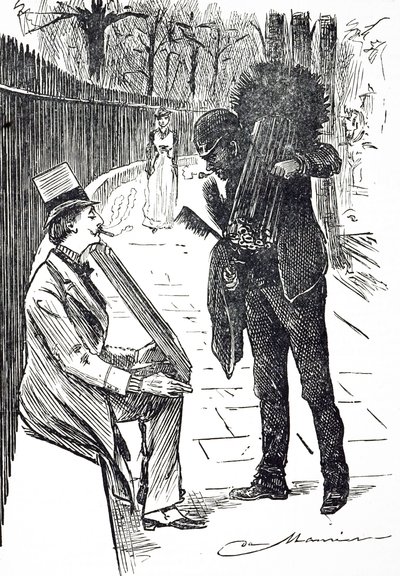 Une caricature représentant un ramoneur portant ses brosses dans les rues de Londres. Illustré par George du Maurier (1834-1896) un caricaturiste et auteur franco-britannique - George du Maurier
