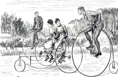 Une caricature représentant un groupe de jeunes gens faisant du tricycle. Illustré par George du Maurier (1834-1896) un caricaturiste et auteur franco-britannique - George du Maurier