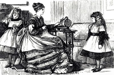 Une caricature représentant une jeune mère utilisant une machine à coudre. Illustré par George du Maurier (1834-1896) un caricaturiste et auteur franco-britannique - George du Maurier