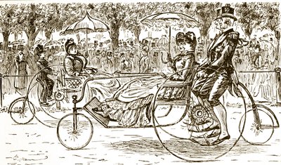 Une gravure représentant des passagers dans des carrioles à vélo. Illustré par George du Maurier (1834-1896) un caricaturiste et auteur franco-britannique - George du Maurier