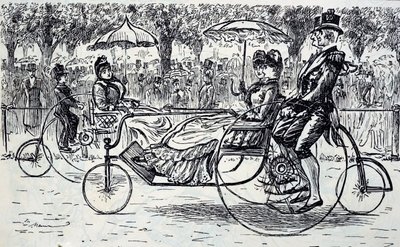 Une gravure représentant des passagers dans des carrioles à vélo. Illustré par George du Maurier (1834-1896) un caricaturiste et auteur franco-britannique - George du Maurier