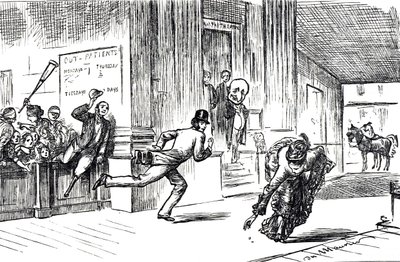 Caricature représentant le Docteur Meilanion Jones, se trouvant dépassé dans la course aux patients par la belle Doctoresse Atlanta Robinson - George du Maurier