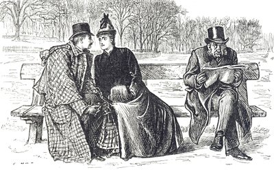 Caricature représentant un couple échangeant des mots tendres sur un banc de parc, tandis que l