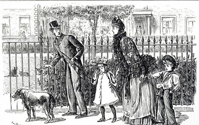 Caricature représentant une famille marchant dans les rues du Londres victorien - George du Maurier