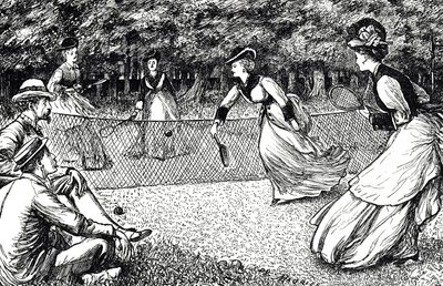 Dessin animé représentant un jeu de tennis sur gazon - George du Maurier