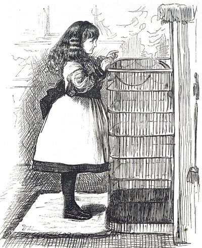 Dessin animé représentant une jeune fille debout devant un grand pare-feu - George du Maurier