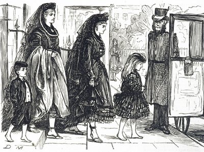 Caricature représentant des personnes utilisant des chaussures naturelles pour éviter les pieds déformés - George du Maurier