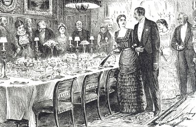 Dessin animé intitulé "Aller dîner" représentant un jeune couple entrant dans une salle à manger - George du Maurier