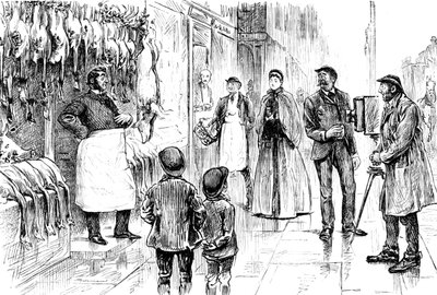 Gravure représentant un boucher et un volailler photographiés devant son étal de Noël par George du Maurier. George du Maurier (1834-1896) un caricaturiste et auteur franco-britannique. Daté du XIXe siècle - George du Maurier