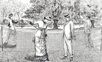 Gravure représentant une joueuse de tennis mal à l