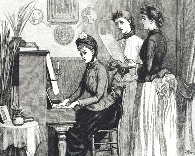 Gravure représentant des jeunes filles chantant dans le salon - George du Maurier