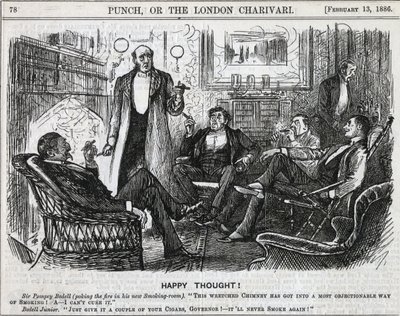 Messieurs réunis dans la salle de fumeurs fumant leurs cigares après le dîner. Caricature de George du Maurier pour Punch, Londres 1886 - George du Maurier