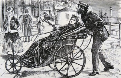 Patrick poussant la chaise de bain de la dame - George du Maurier