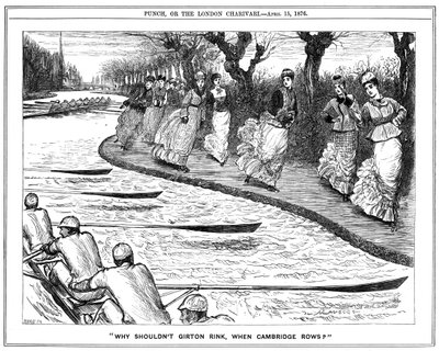 Le patin à roulettes très à la mode. Étudiantes de Girton sur le chemin de halage saluant les rameurs sur la rivière. Dessin de George du Maurier de Punch, Londres - George du Maurier