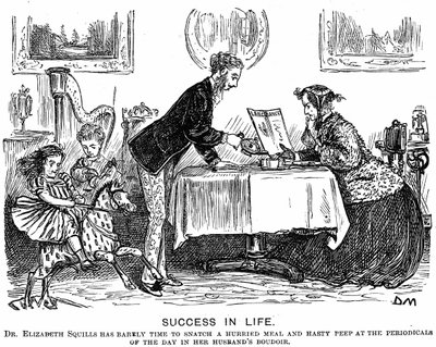Succès dans la vie : Inversion des rôles et la femme professionnelle moderne. Caricature de George du Maurier pour Punch Almanack de 1867. En 1865, Elizabeth Garrett Anderson (1836-1917) a été autorisée à pratiquer par la Society of Apothecaries - George du Maurier