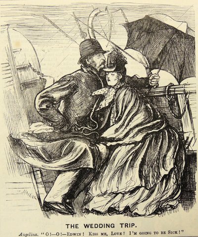 Le voyage de noces : Couple en lune de miel souffrant du mal de mer en traversant la Manche. Caricature de George du Maurier dans "Punch", Londres - George du Maurier
