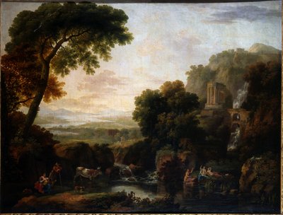 Paysage italianisant avec une vue capricieuse de Tivoli, un berger et une bergère et du bétail - George the Elder Barret