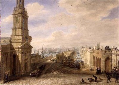 Vieux Pont de Londres avec la construction du nouveau Pont à côté - George the Elder Scharf