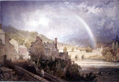 Village et pont de Llangollen, nord du Pays de Galles, avec effet arc-en-ciel - George the Younger Barret