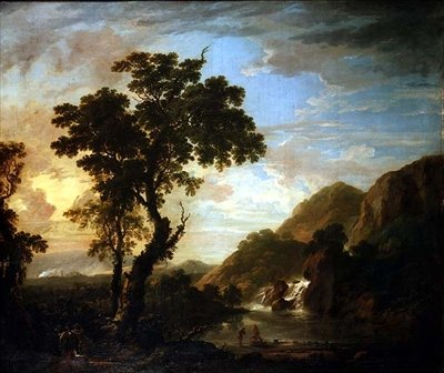 Paysage fluvial boisé avec figures au premier plan et cascade au-delà - George the Younger Barret